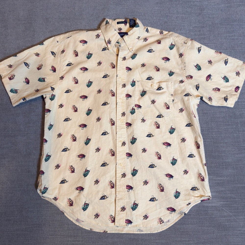 GANT Classic Linen Short Sleeve Button Down‎ Shirt Mens Large Fly Fishing Print